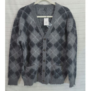 R13 Fluffy Plaid Oversized Distressed Edge Cardi Charcoal Blk Argyle Plaid, XS